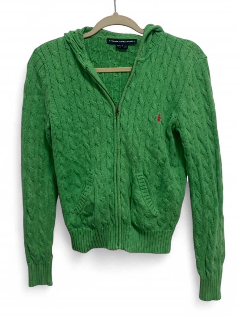 Y2K Ralph Lauren Sport Bright Green Cable-Knit Hooded Zip Cardigan